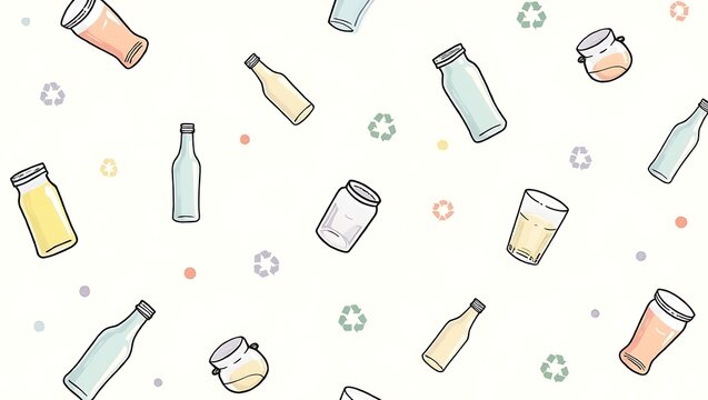 Seamless Pattern of Glass Bottles, Jars, and Cups for Recycling