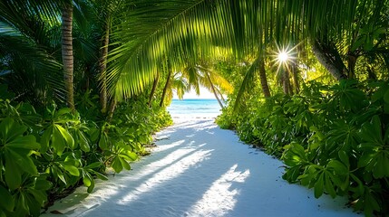 Tropical Beach Path, Sunlit Palms, Ocean View - Tropical Paradises