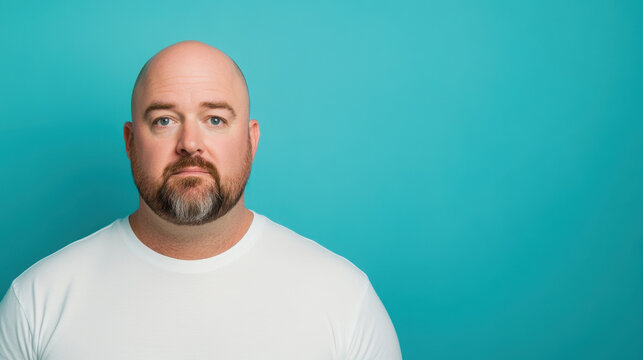 Bald overweight man with beard wearing white t shirt standing against blue background, looking serious and calm, studio portrait with copy space