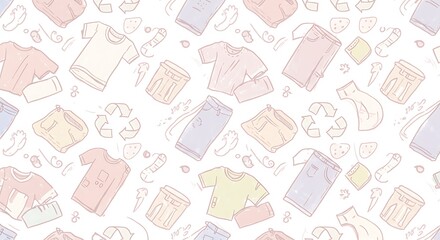 Seamless Pattern of Pastel Clothing and Recycling Symbols