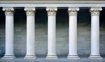 Fototapeta premium Five classical columns against a stone wall.