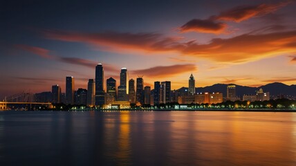 Fototapeta premium view of the sun setting behind the city