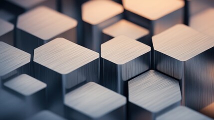 Close-up view of metallic hexagonal and rectangular shapes with a soft gradient background