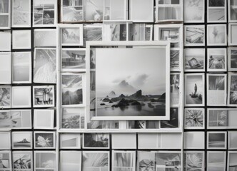 Photo collage grid frame mockup; diverse frames, clean aesthetic ,  minimalist,  gallery