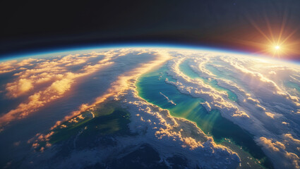 Obraz premium Amazing view of the sunrise over the Earth, seen from space, showcasing our planet's beauty.