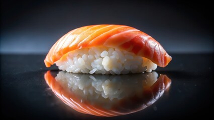 Close-up of a single piece of sushi nigiri placed on a black background, with subtle highlights from the light source , dark background, seafood