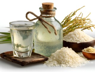A glass and bottle of clear rice wine sit beside uncooked rice grains and rice flour in a rustic still life setting.