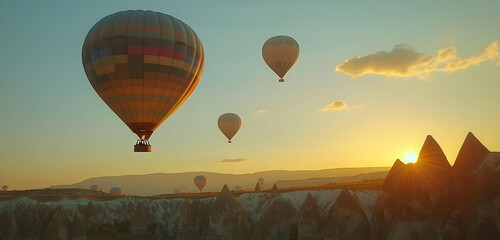 Obraz premium A magical sunrise hot air balloon ride over Cappadocia with colorful balloons floating above fairy chimneys in a dreamlike adventure soaring through the sky.