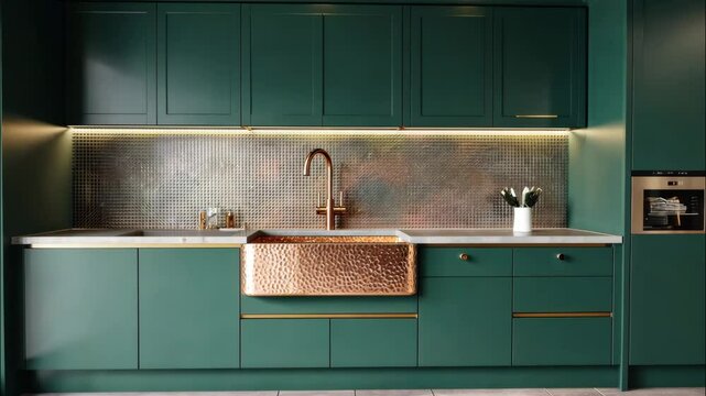 Olive green kitchen with copper fixtures and wood decor. 