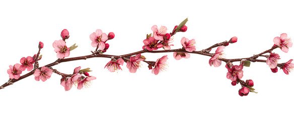 Fototapeta premium Cherry blossom branch, pink flowers isolated on a transparent background, cutout PNG file for graphic design elements, high-resolution PNG stock. 