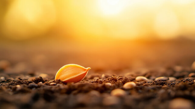 Single wutong tree seed resting on soil, illuminated by warm golden sunlight, symbolizing growth, hope, and new beginnings in natural outdoor environment