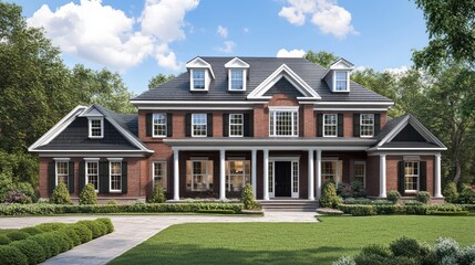 Elegant two-story residence featuring classic brick facade and expansive front lawn
