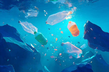 Fototapeta premium Plastic waste pollution in the ocean with plastic bottles and debris floating underwater