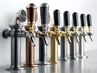 A row of stylish beer taps in various metallic finishes sits on a sleek countertop showcasing diverse design options for breweries and bars.