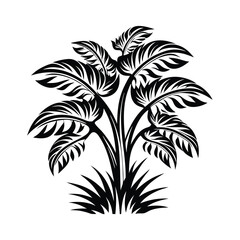 Bold Black Plant Silhouette with Detailed Leaves on Bushy Base, Isolated on White