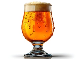A refreshing glass of amber beer with condensation sits on a white background showing its golden color and frothy head.