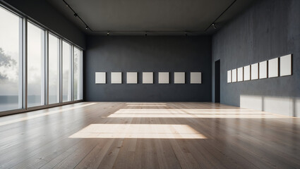 A spacious and modern art gallery with blank frames, ideal for artwork display and exhibition.