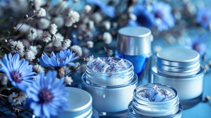 Jars of skin care creams, arranged among blue flowers, demonstrate the concept of natural beauty on a floral background.