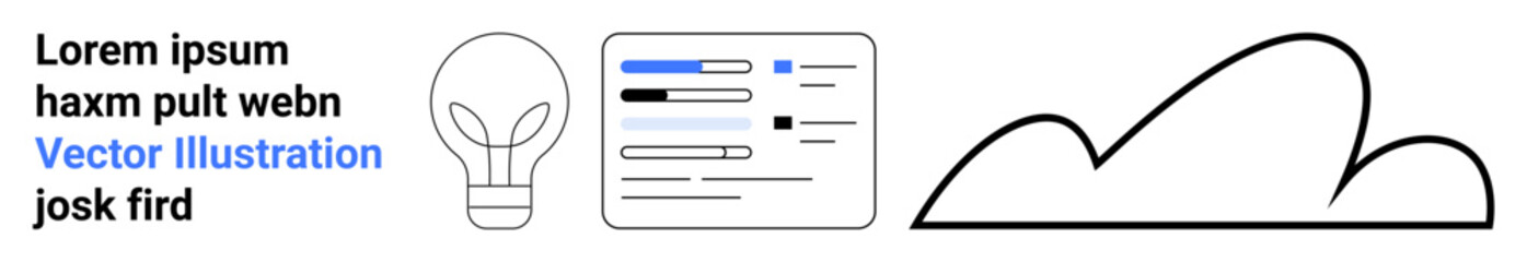 Text block beside lightbulb, UI prototype with sliders, and abstract cloud illustrate innovation, creativity, design, tech concepts, brainstorming, and communication. Ideal for a simple landing page