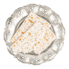 Pesach jewish traditional textured Matza bread on plate isolated on white background. Pesah...