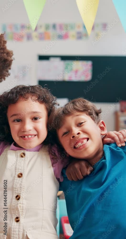 Poster education, smile and hug with face of friends in classroom for child development, learning and growt