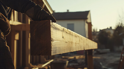 Construction Worker Holding a Wooden Beam