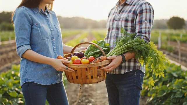 Couple holding basket of fresh vegetables.