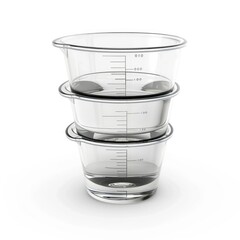 Stacked clear measuring cups filled with liquid.