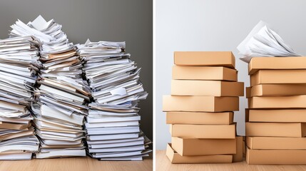 Two stacks: messy piles of loose papers on the left, neatly organized documents in boxes on the right, both on a wooden surface.