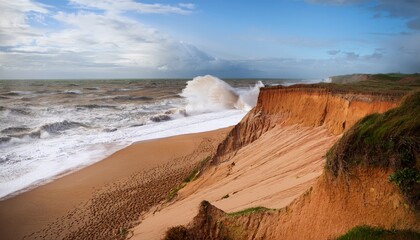 Waves crash against rugged coastal cliffs under a partly cloudy sky, with sandy beach and dramatic erosion visible.