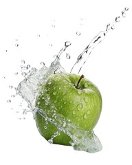 Green Apple Splashing in Fresh Water Isolated on White Background, Green Apple Water Splash, Fresh Apple Isolated White, Juicy Apple Splash Image
