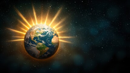 Naklejka premium The Earth illuminated by radiant sunlight, floating in outer space against a backdrop of stars.