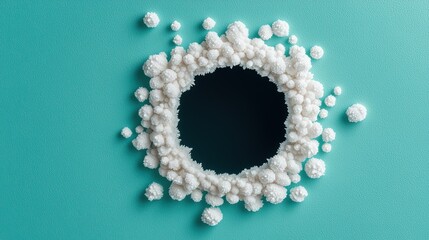 A circular hole surrounded by clustered white spheres on a teal textured background.