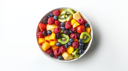 Fresh fruit salad with vibrant berries, melons, and kiwi, offering colorful and healthy snack option