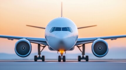 Naklejka premium A large commercial airplane is positioned on a runway at sunrise, ready for takeoff, with clear skies in the background.