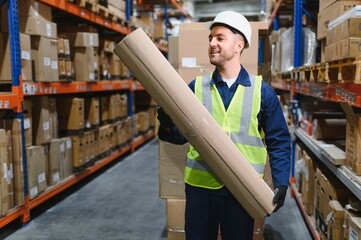 Portrait of a handsome warehouse worker in overalls and a helmet