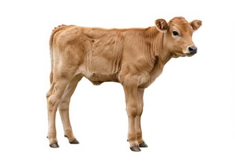 Full body shot of a light brown calf standing on a white background space