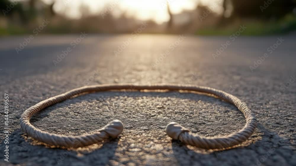 Poster A close-up shot of a rope lying on the ground, perfect for use in scenes where a character is lost or stranded