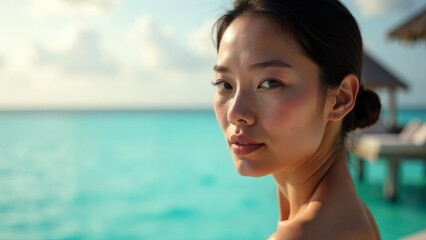 Asian woman poses in front of the camera on a sandy beach
