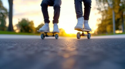 Fototapeta premium Two skateboarders mid-trick at sunset. Close-up view of legs and boards