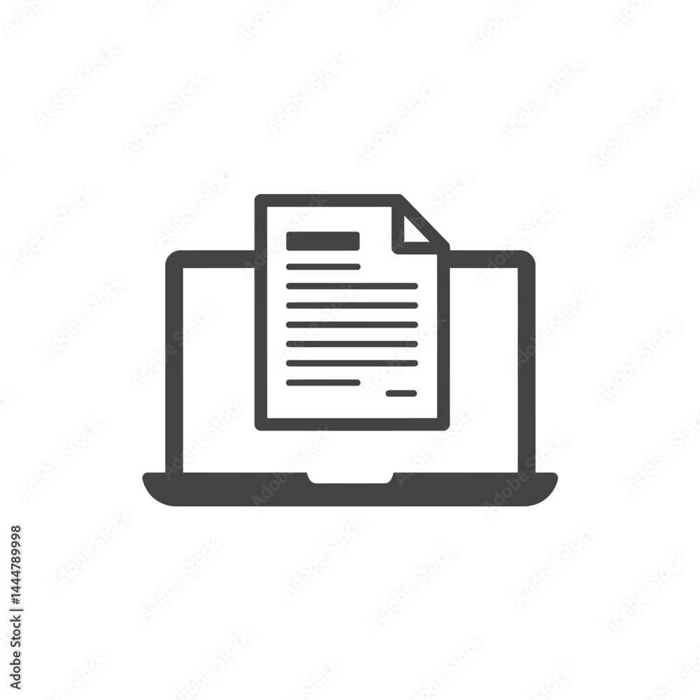 Poster digital document: a simple graphic of a laptop computer displays a document on its screen. suitable 