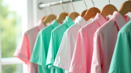 Pastel-colored shirts hang in a gradient pattern on a clothes rack.