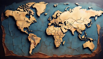 A textured, artistic world map with golden continents on a blue background, showcasing continents and country borders.
