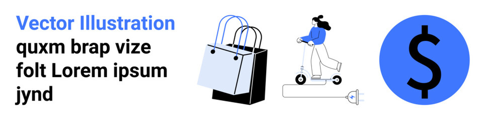 Woman riding a scooter with shopping bags and a large dollar sign, suggesting online shopping, savings, eco-transport, and convenience. Ideal for e-commerce, finance, sustainability, retail
