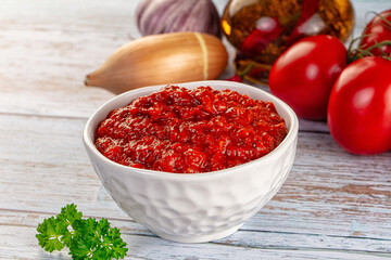 Bulgarian traditional lutenica pepper sauce
