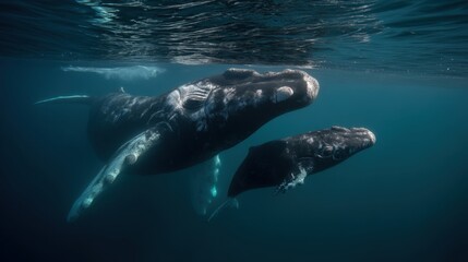 Fototapeta premium North Atlantic Right Whale Mother and Calf Swimming