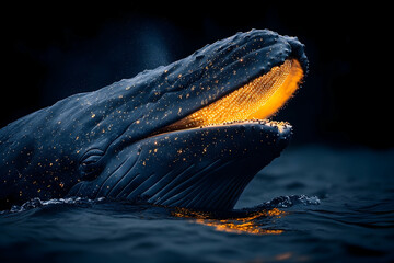 Whale emerging dark waters dramatic lighting