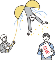くす玉と合格して喜ぶ男子高校生と女性と男性の先生のシンプルなイラスト素材
