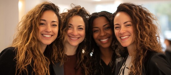 Obraz premium Four women smiling, office background, team