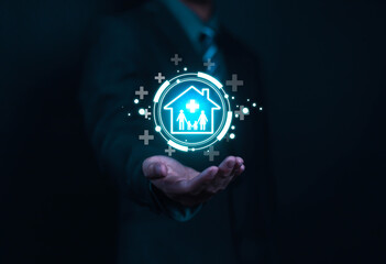 Insurance concept. Businessman using laptop with digital icons representing different types of insurance such as health, home, car, travel, comprehensive coverage and policy management.